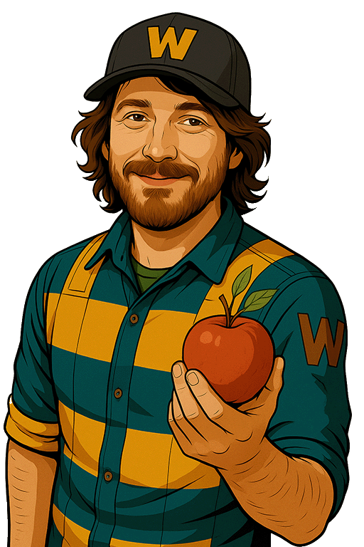 Portrait Herr Pregler, welcher einen Apfel hält