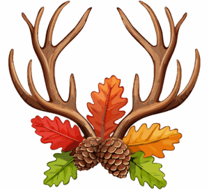 Hirschgeweih, Laub, Tannenzapfen